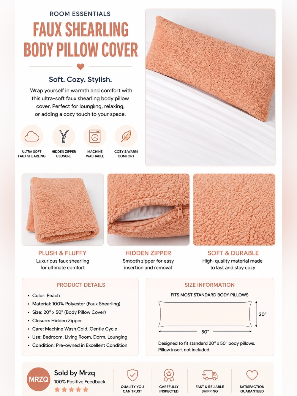 Home Essentials Faux Shearling Body Pillow Cover in Peach
